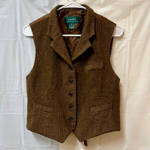 Lauren Ralph Lauren Brown Herringbone Wool Vest VTG Size 14 Tweed Academia READ